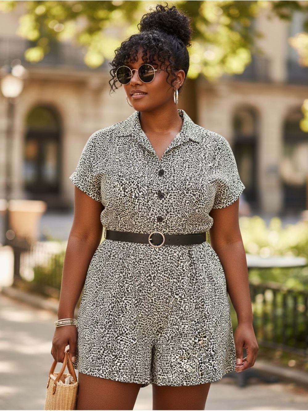 Lane Bryant Belted Summer Short Sleeve Animal Print Collared Romper